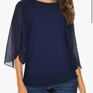 Oyamiki Blue Layered Chiffon Flutter Sleeve Blouse NWOT Size XL